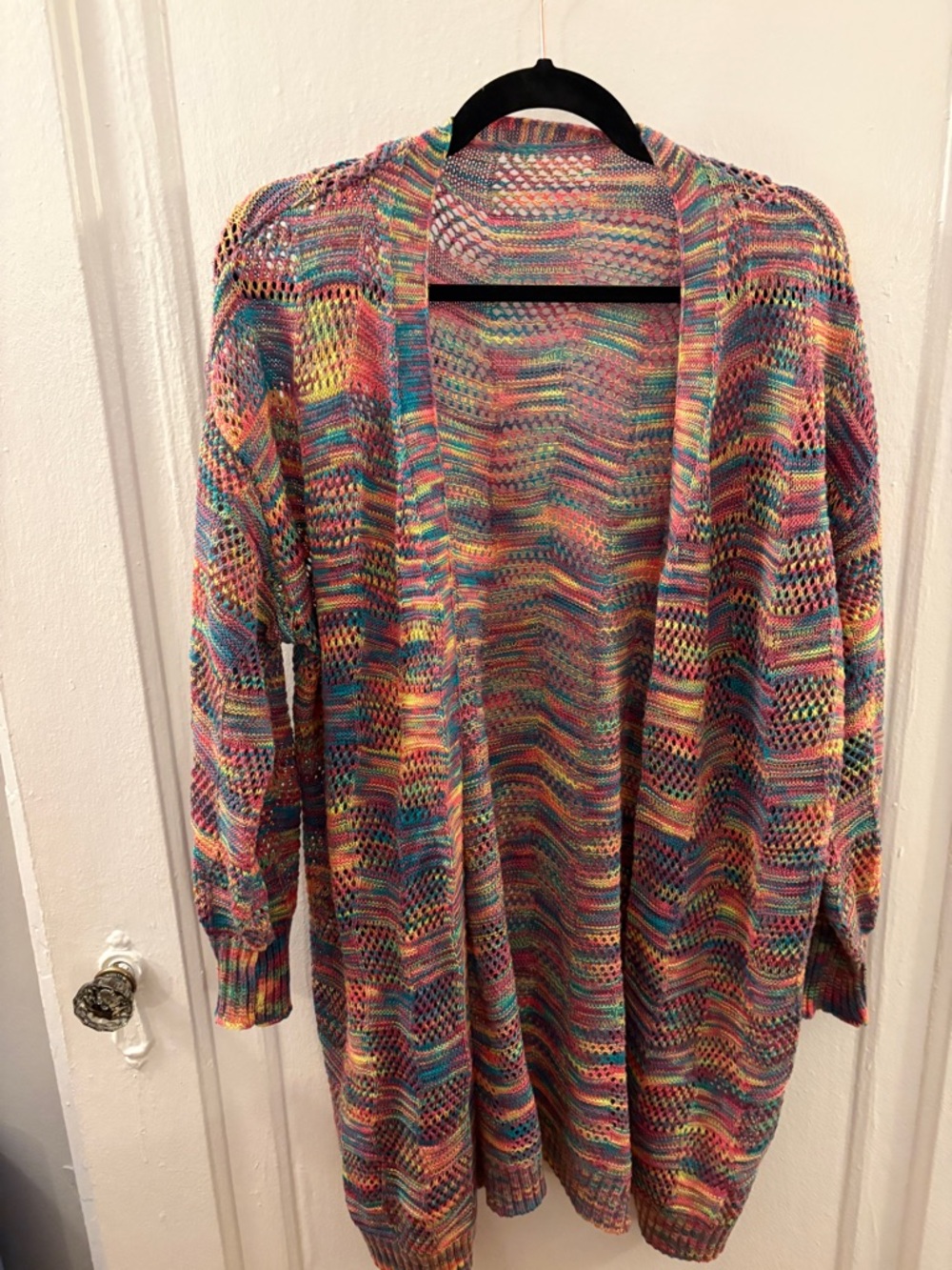 Open-Front Multicolor Crochet Knit Sweater Cardigan